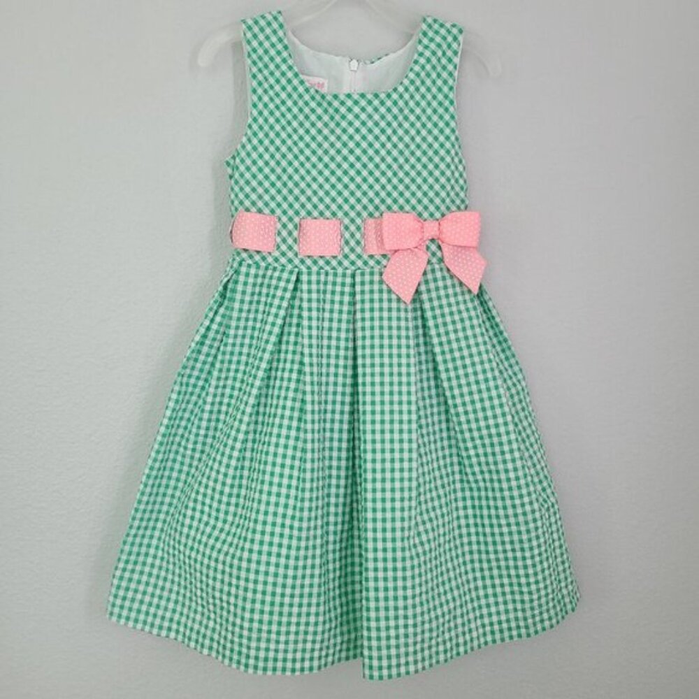 Bonnie Jean girls Green Gingham Dress with Pink Polka Dot Bow - Size 6X